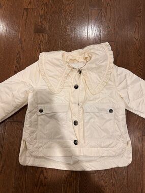 Ganni Cream and White Quilted Puffer Jacket with Ruffle Collar